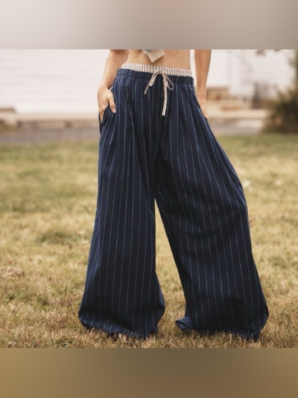 Anthropologie Navy Pinstripe Wide-Leg Drawstring Pants